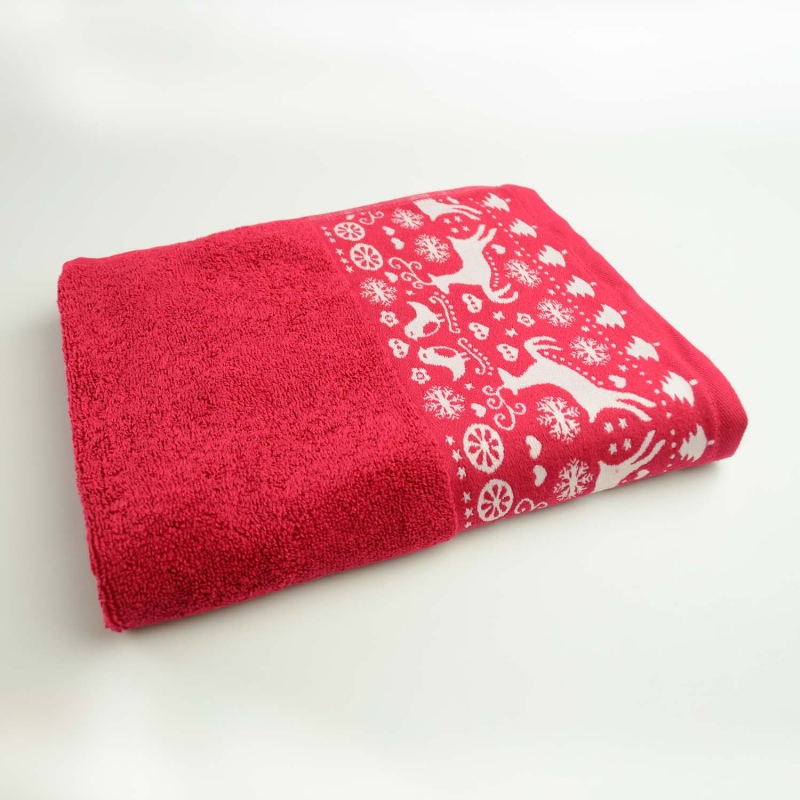 Рушник махровий для обличчя та рук Новорічний Merry Christmas Олені GM Textile 50х90см 500г/м2 (Червоний)
